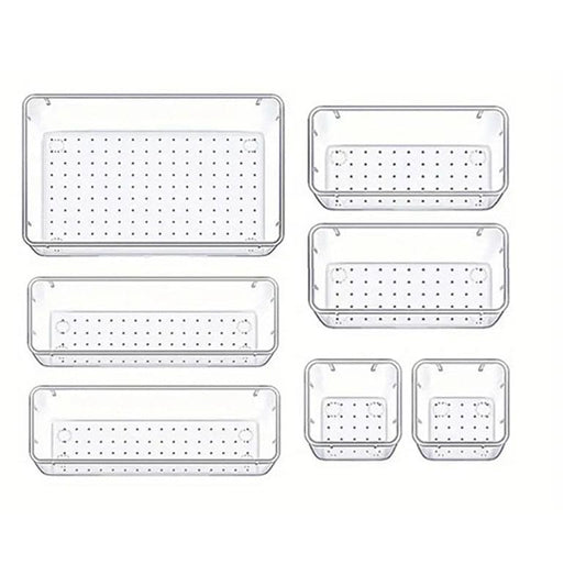 Transparent stackable organizer trays set, four perforated sizes and small cubes
