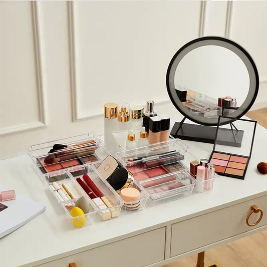 Transparent desktop divider organizers with compartments for makeup and tools