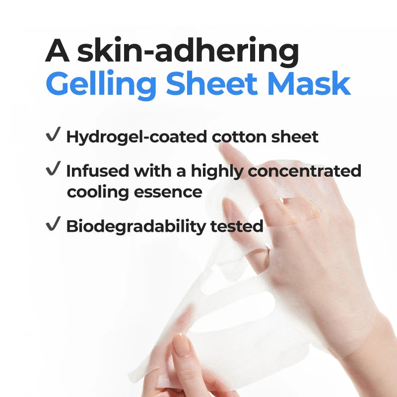 Gelling sheet mask features card: hydrogel-coated cotton sheet and cooling essence