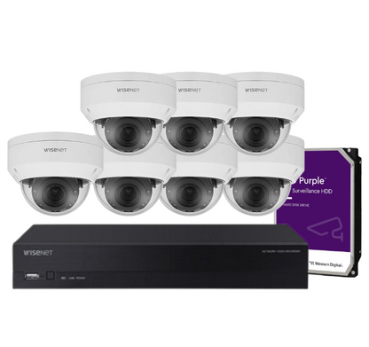 Hanwha Wisenet 8‑Camera CCTV Kit – CT‑ANV‑L7082R 4 MP Dome + CT‑ARN‑810S 8‑Ch 8 MP AI NVR with HDD – Outdoor Vandal‑Resistant, H.265, PoE+