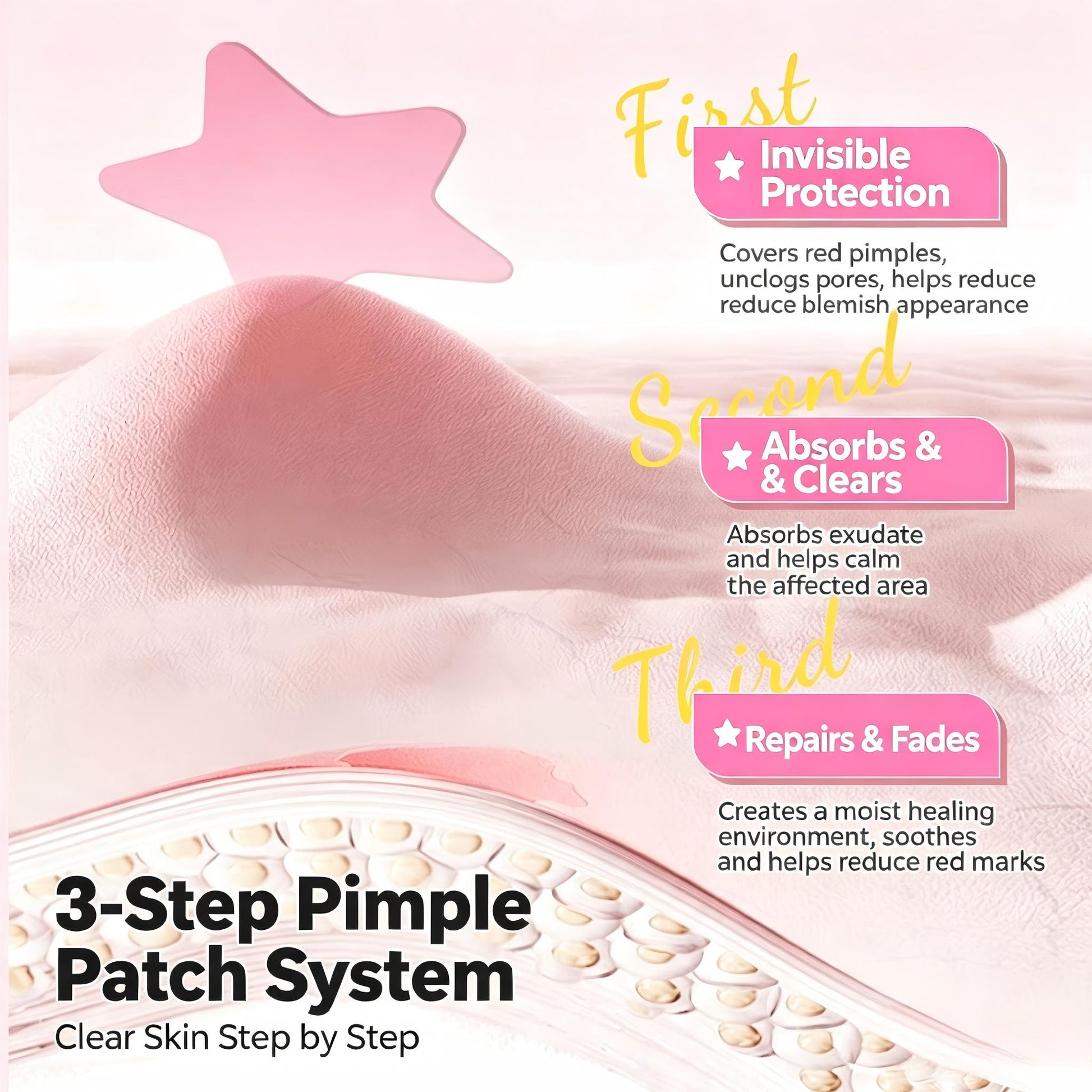 3-step pimple patch system with star-shaped patches shown on a soft, skin-like surface