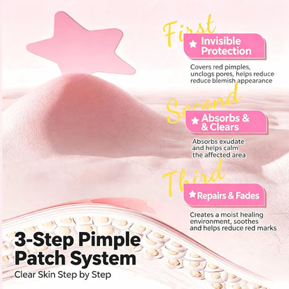 3-step pimple patch system with star-shaped patches shown on a soft, skin-like surface