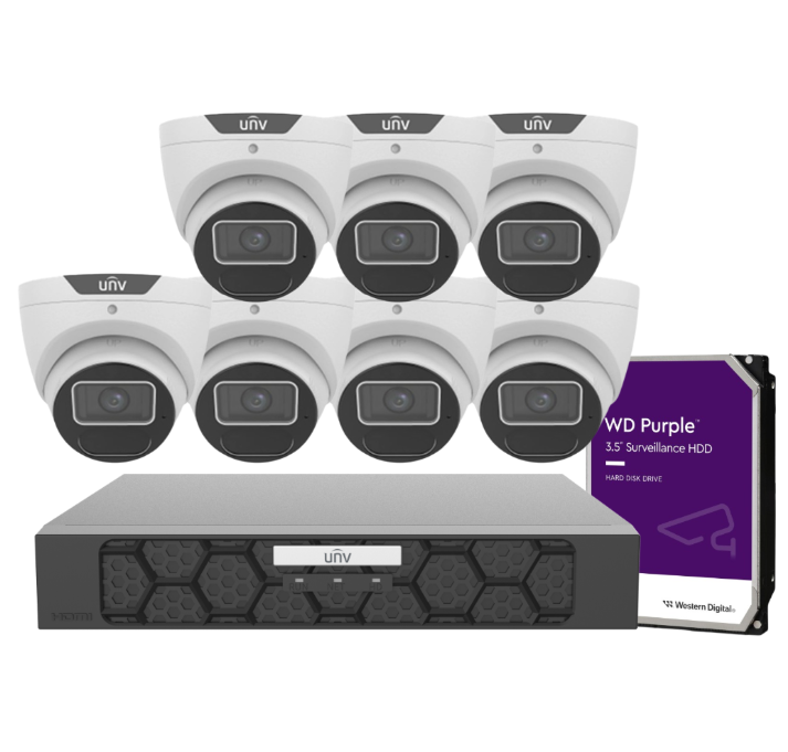 Uniview CCTV 8MP Kit – 8× IPC3618SS‑ADF28K‑I1 Turret Cameras + 8‑Channel Ultra265 PoE NVR（NVR501‑08B‑P8‑IQ）, Includes HDD