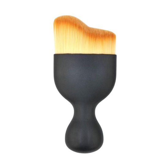 Contour makeup brush with golden bristles and black handle, dual-wave shape