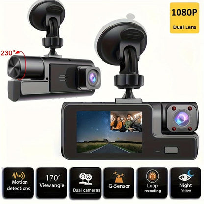 Black dual-lens dash cam with front lens and built-in screen