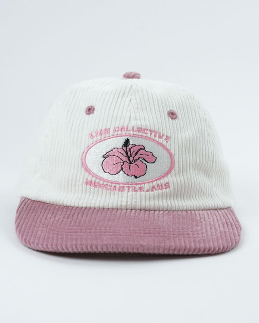 Flower Madness cap with ribbed cream crown, mauve brim, pink flower embroidery patch