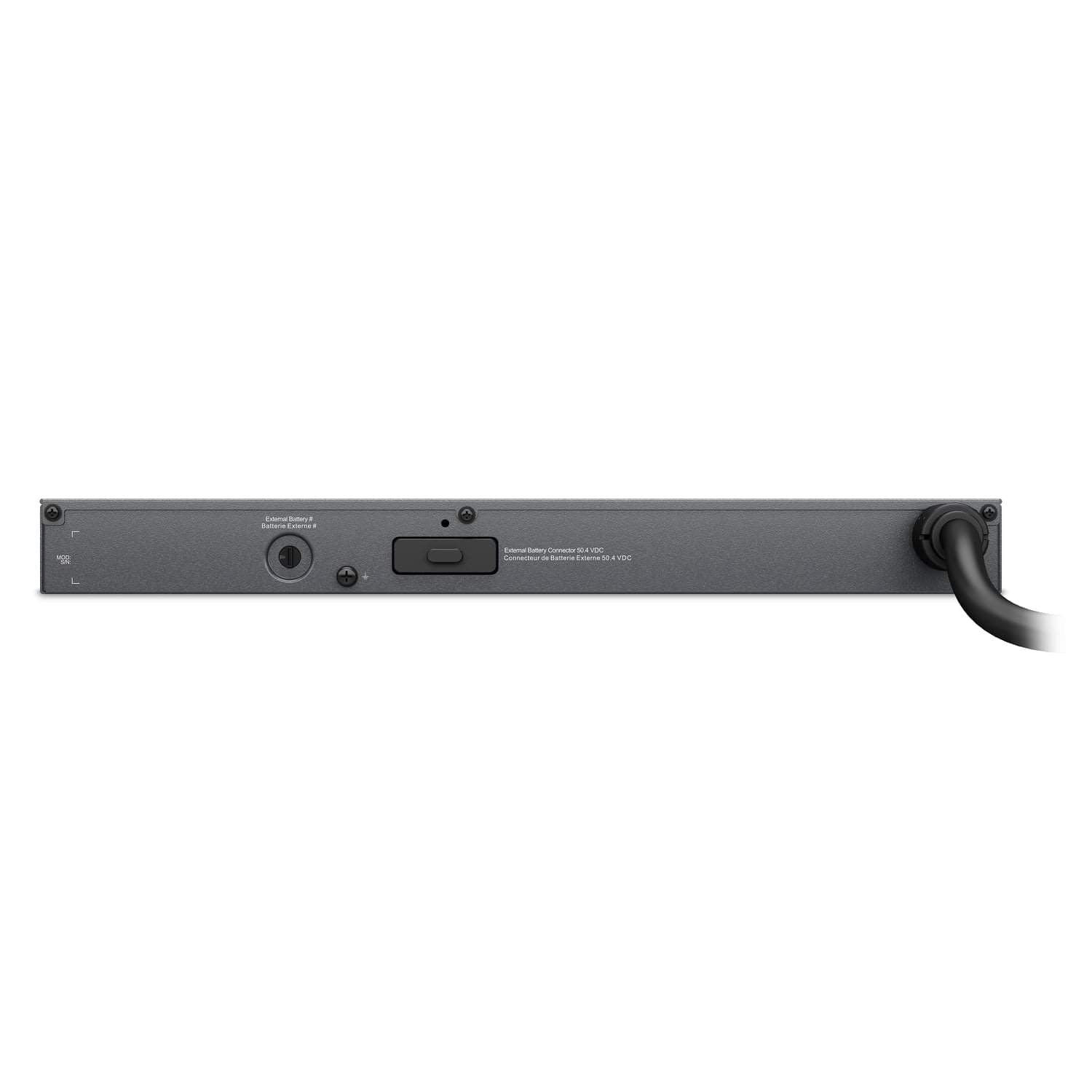 1U lithium-ion battery pack rear/control panel with buttons and power cable connection