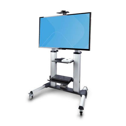 TV rolling cart with silver frame, dual shelves, and four caster wheels