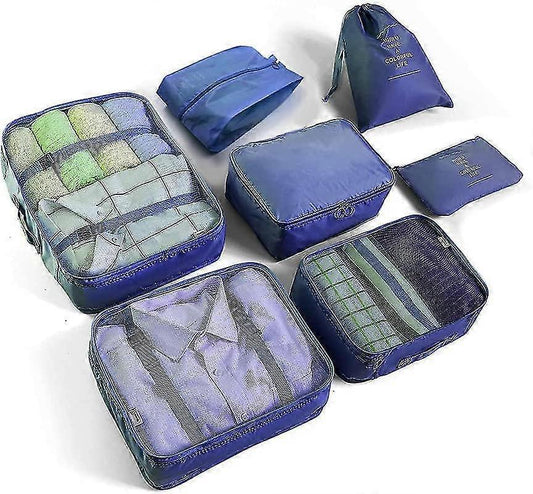 Set of blue packing cubes with clear mesh panels and zipper closures