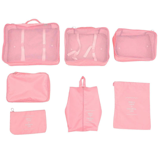 Pink packing cube set with see-through mesh panels, zip closures, and carrying straps
