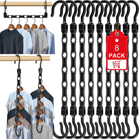 8-pack black plastic space-saving clothes hangers with rotating hooks and circular slots