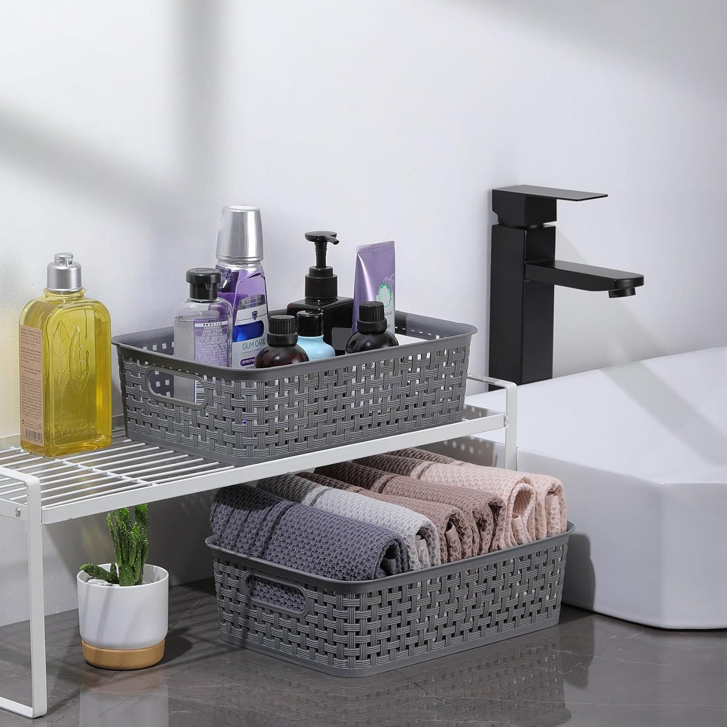 8-Pack Woven Plastic Storage Baskets for Bathroom Vanity, Kitchen Pantry & Office Desk Organization (Grey)