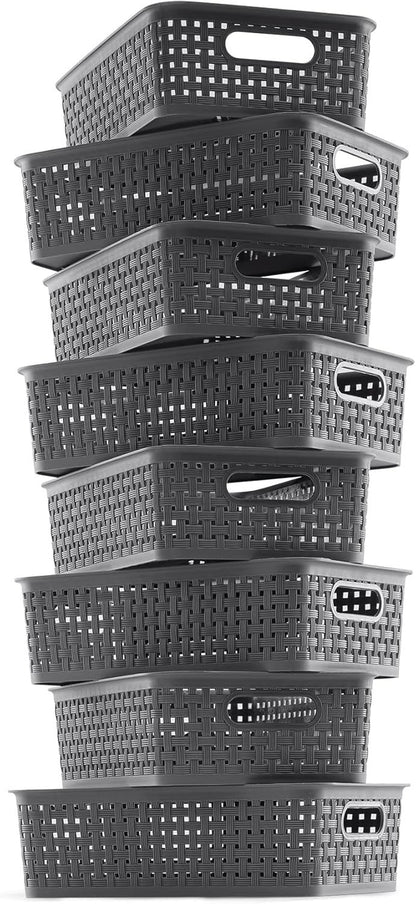 8-Pack Woven Plastic Storage Baskets for Bathroom Vanity, Kitchen Pantry & Office Desk Organization (Grey)