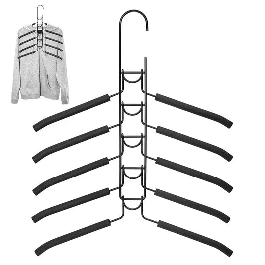 Black multilayer coat hanger with foam anti-slip sleeves and curved hooks for multiple garments.