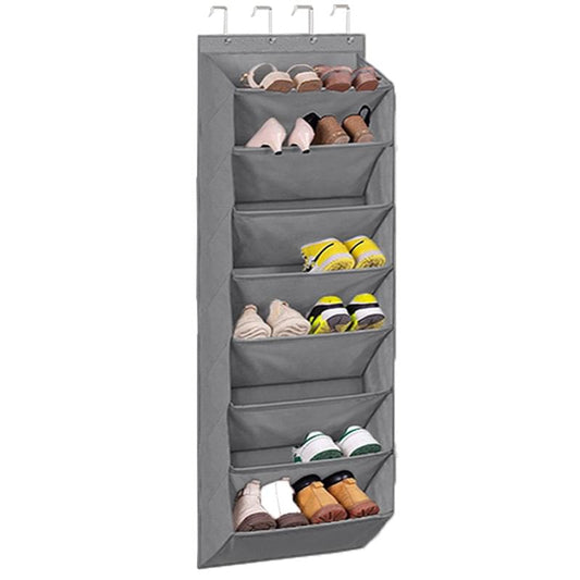 Grey 8-tier over-the-door hanging storage bag with front pockets and top hooks