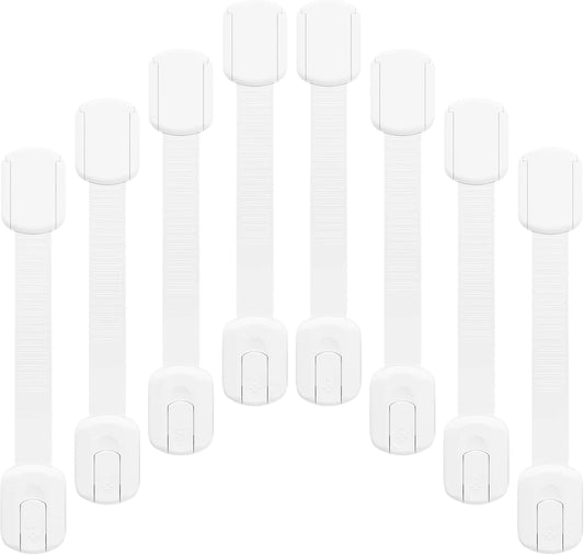 Set of 8 white child safety cabinet locks with adhesive strips