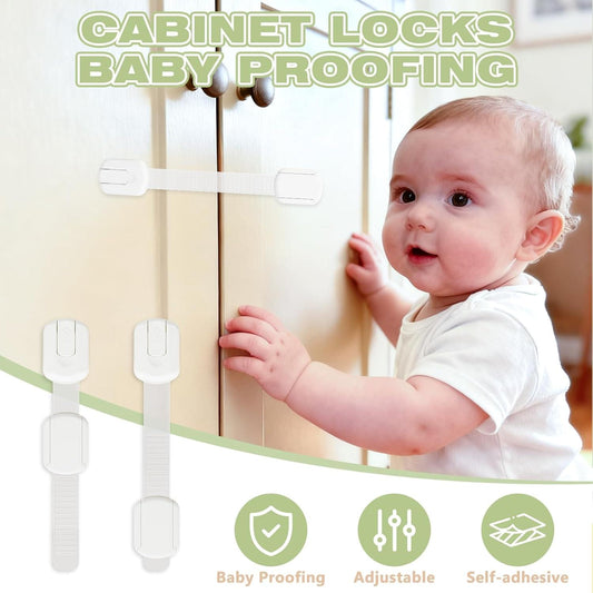 Child safety cabinet locks mounted across a cabinet door with adhesive strip
