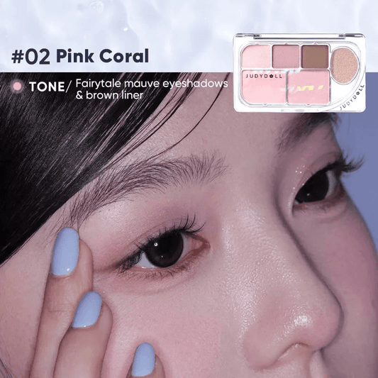Pink coral eye shadow palette compact with six shades and dewy eye makeup look