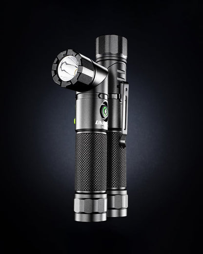 UNILITE FR-1200 Dual Power Right Angle Flashlight – 1200 Lumens, Rotating Head, Magnetic Base, Pocket Clip, IP65, USB-C Rechargeable, Black Aluminium