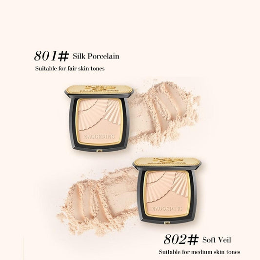 Pressed powder compact, shade 801 Silk Porcelain, with light beige swatch
