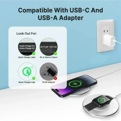 Black wireless charging pad with USB-C and USB-A adapter connected, compact device.