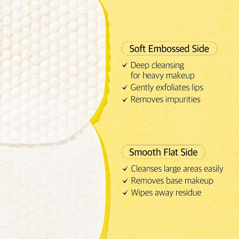 Close-up of white cleansing pad showing soft embossed and smooth flat sides
