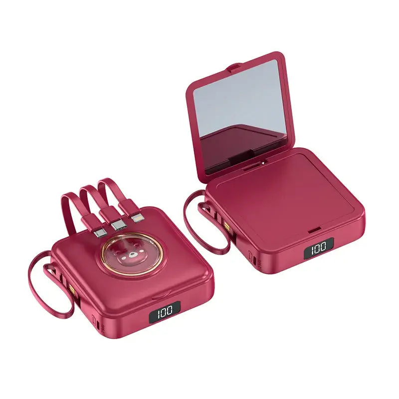 Rosy red mini power bank with built-in mirror, pet cartoon face, and attached multi-cable