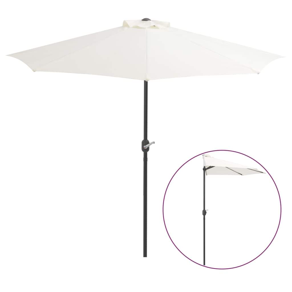 Half balcony parasol with cream canopy and black pole, side attachment visible