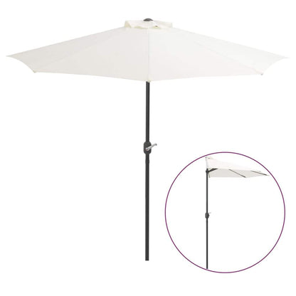 Half balcony parasol with cream canopy and black pole, side attachment visible