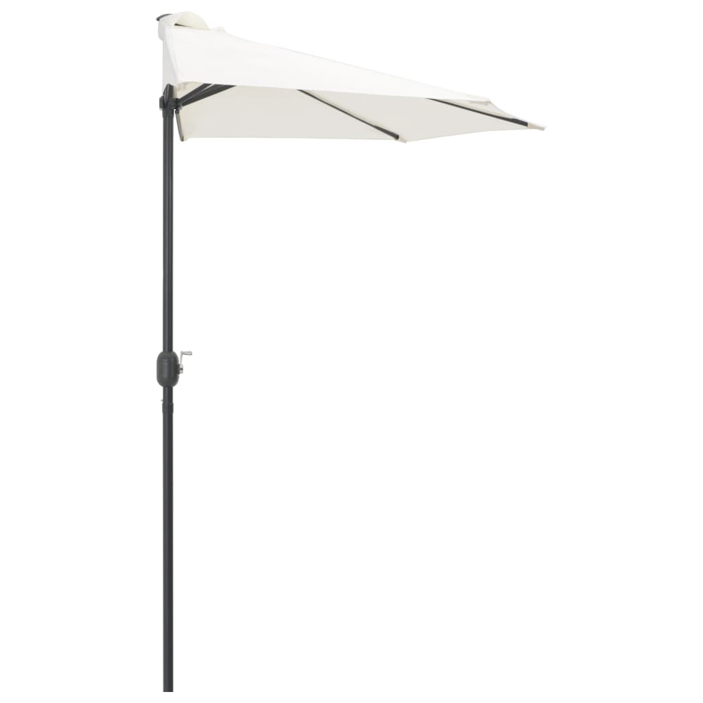 Half balcony parasol with cream canopy and black pole, side view
