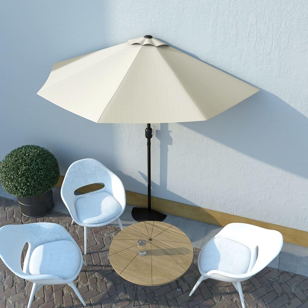 Half balcony parasol with cream canopy and black pole, open over terrace