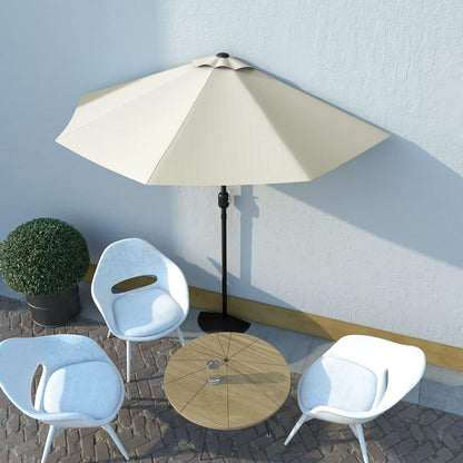 Half balcony parasol with cream canopy and black pole, open over terrace