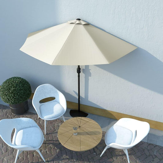 Half balcony parasol with cream canopy and black pole, open over terrace