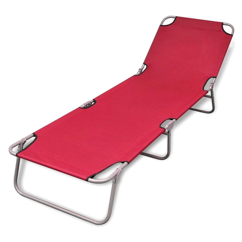 Red folding sun lounger with powder-coated steel frame and built-in headrest