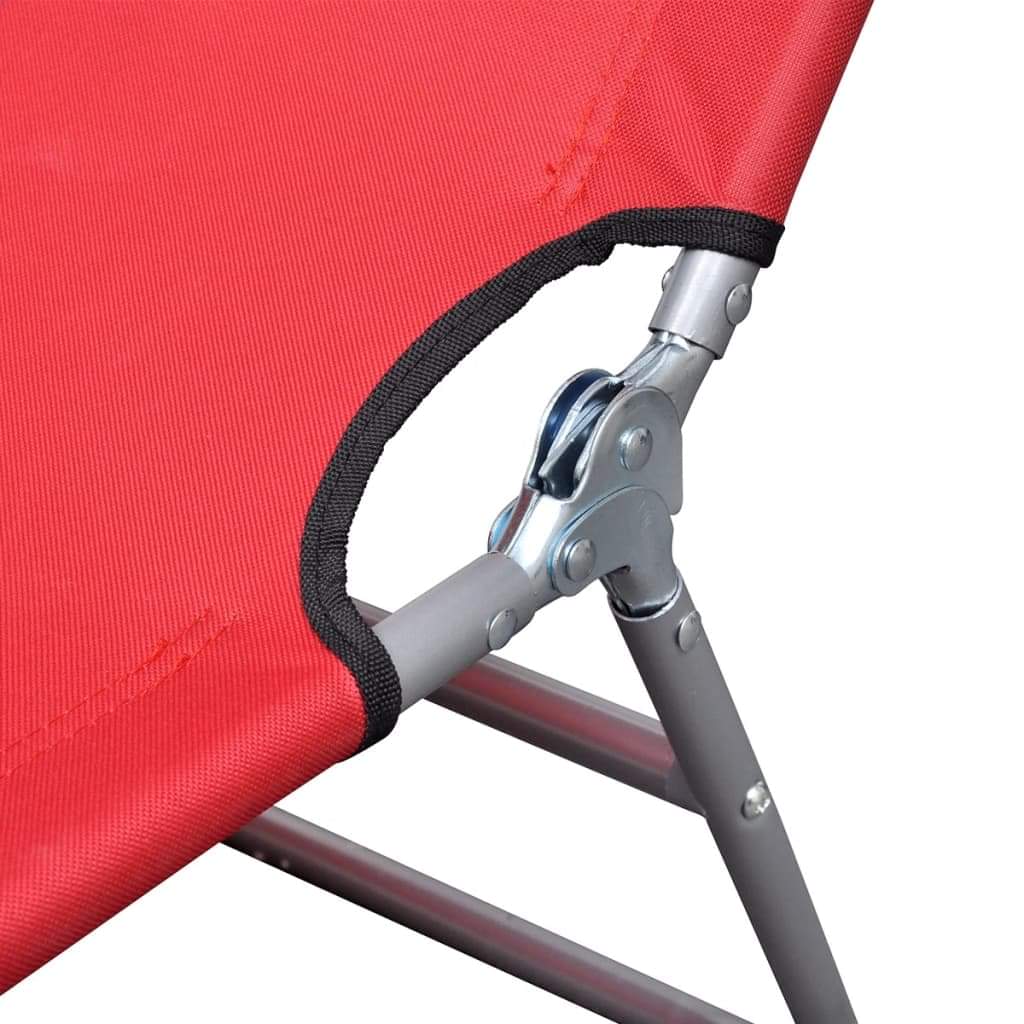 Red sun lounger fabric with gray steel folding arm hinge detail