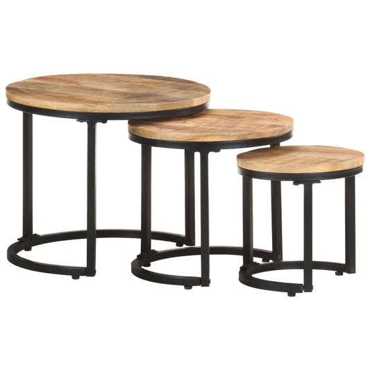 Three-piece set of round mango wood side tables with black metal frames, nesting