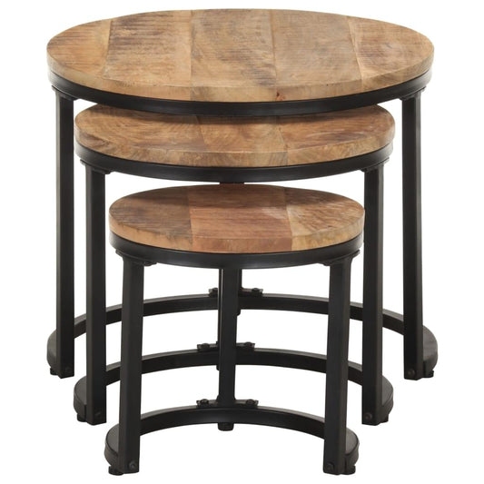 Round mango wood nesting side table set with black metal legs and tiered tops