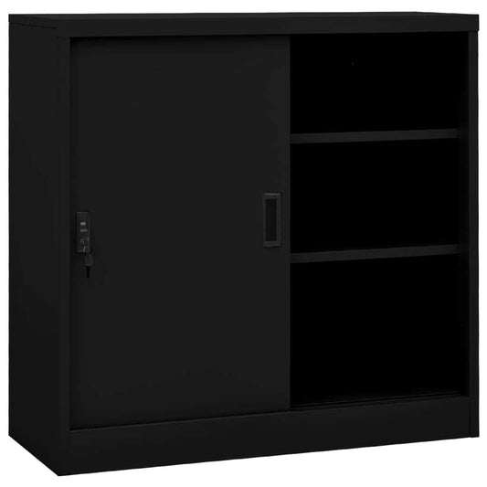 Black steel office cabinet with sliding door and built-in shelves