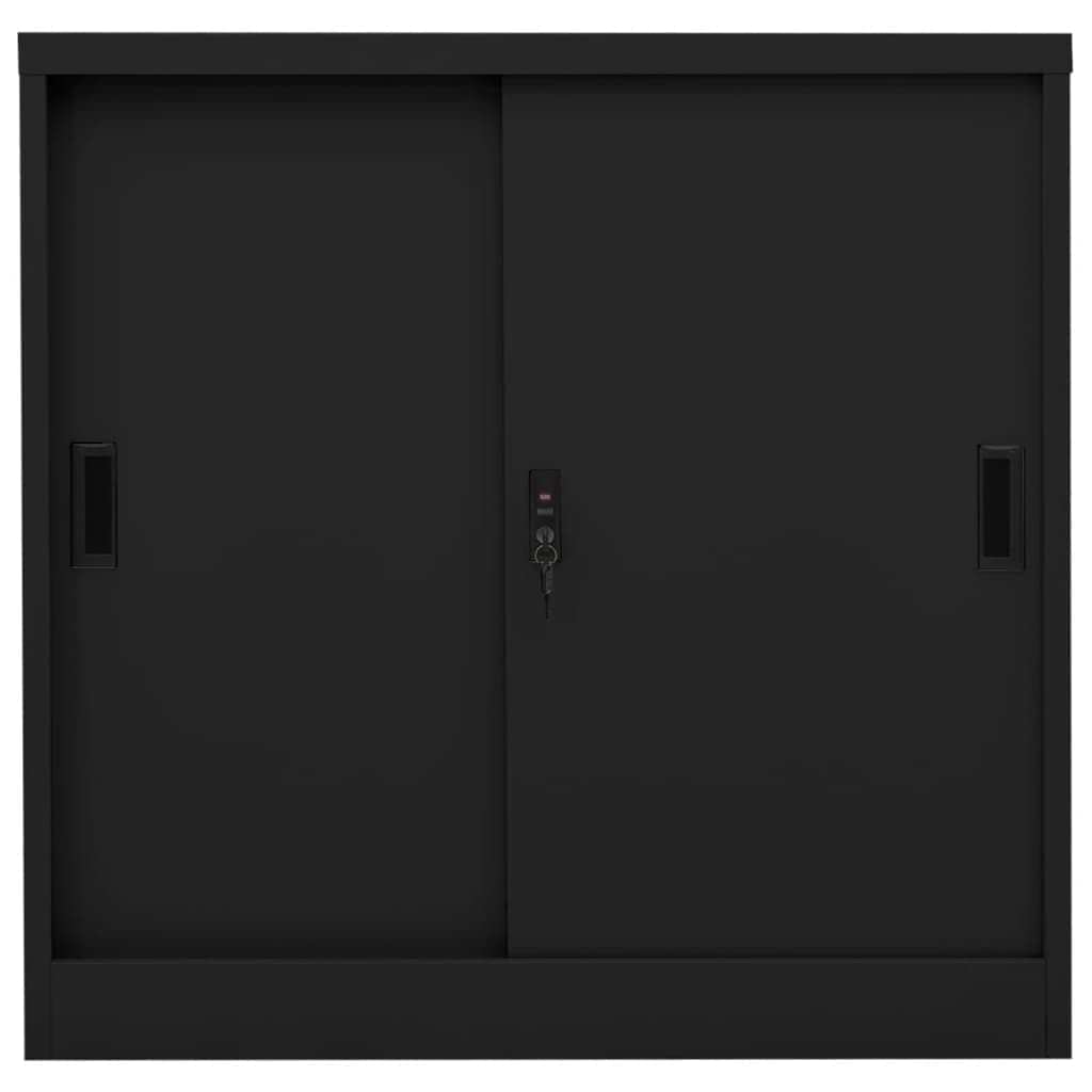 Black steel office cabinet with sliding doors and key lock