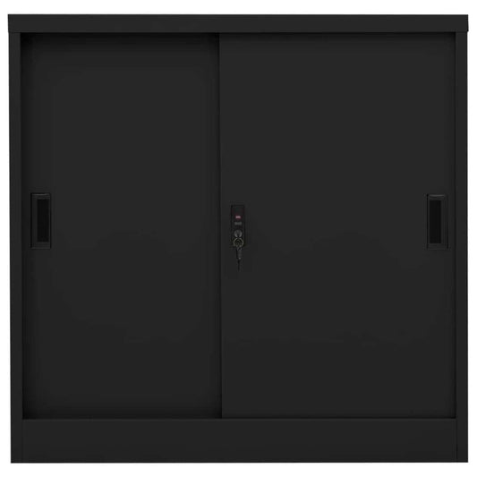 Black steel office cabinet with sliding doors and key lock