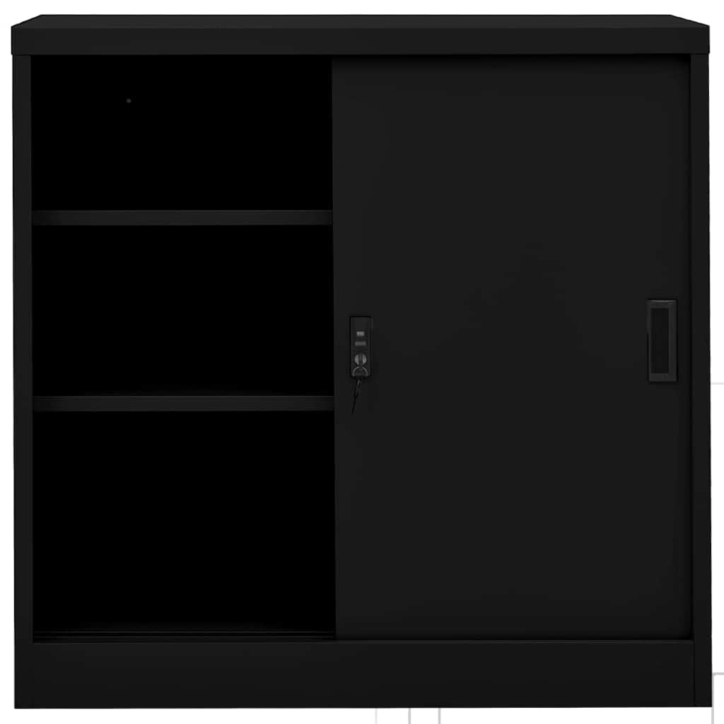 Black steel office cabinet with open storage compartments behind sliding door