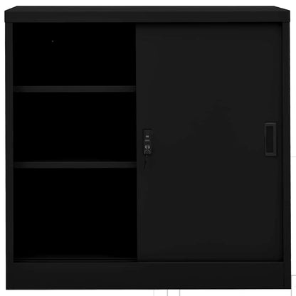 Black steel office cabinet with open storage compartments behind sliding door