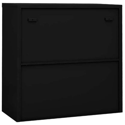 Black steel office cabinet front view with two doors and recessed pulls