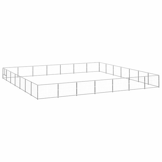Steel dog kennel enclosure with arched frame and grid wire panels, rectangular base