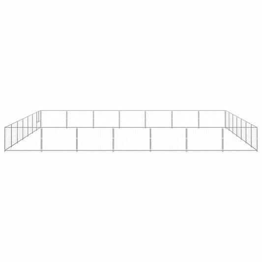 Steel dog kennel enclosure with curved ends and wire mesh walls, long rectangular shape