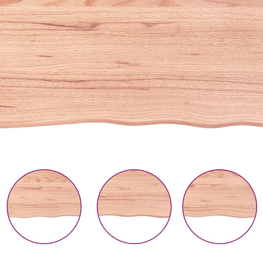 Light brown oak wall shelf front with curved scallop edge and grain detail circles