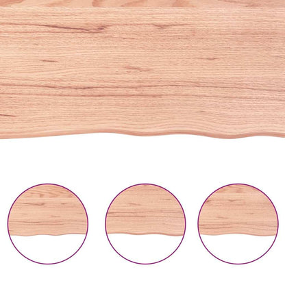 Light brown oak wall shelf front with curved scallop edge and grain detail circles