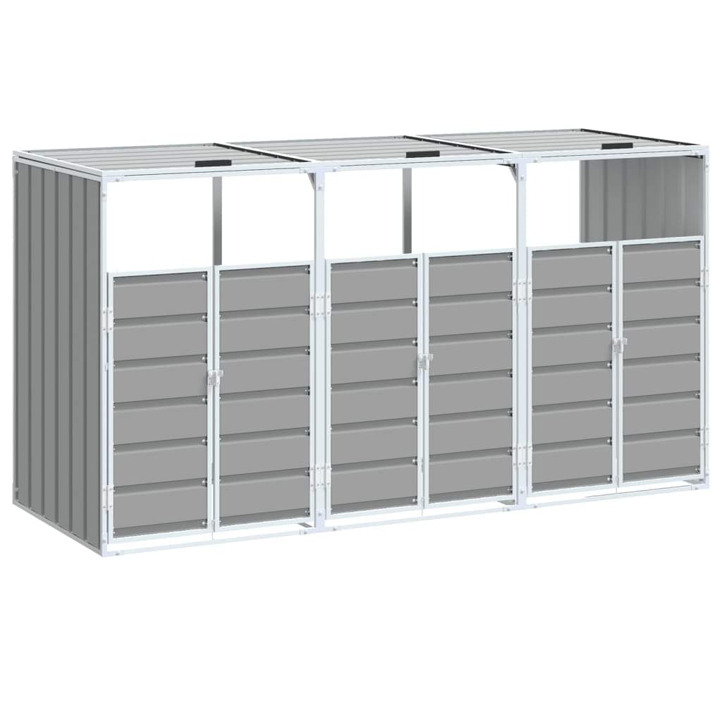 Grey steel triple wheelie bin storage with three front doors and slatted top