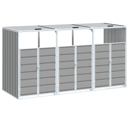 Grey steel triple wheelie bin storage with three front doors and slatted top