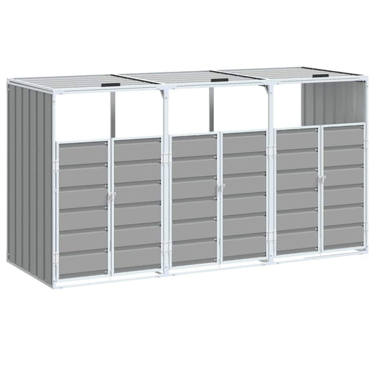 Grey steel triple wheelie bin storage with three front doors and slatted top